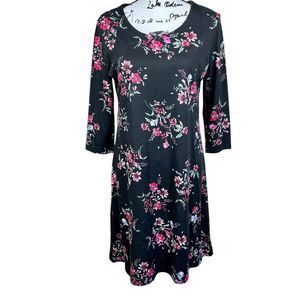 Karen Scott black w/ pink floral relax fit dress 3/4 sleeves streetwear size PM